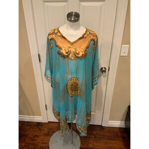 Alberto Makali Light Blue Cover-Up Top W/Gold Paisley Print $135, Size M, NWT!
